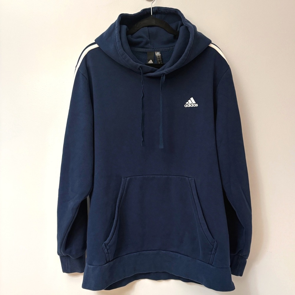Adidas Mens XL‎ Hoodie Navy Blue White 3 Stripe Pullover Sweatshirt
